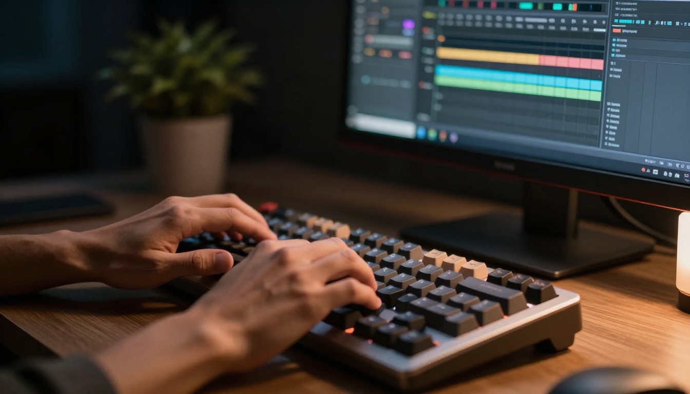 Pair of hands typing on mechanical keyboard, warm side lamp, audio production software on monitor