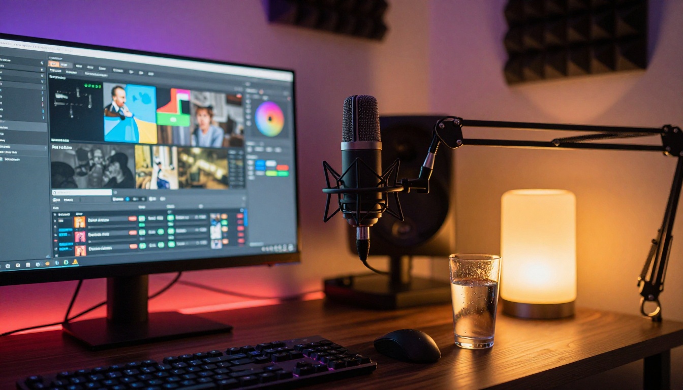 Home streaming desk with glowing monitor and condenser microphone, warm amber desk lamp