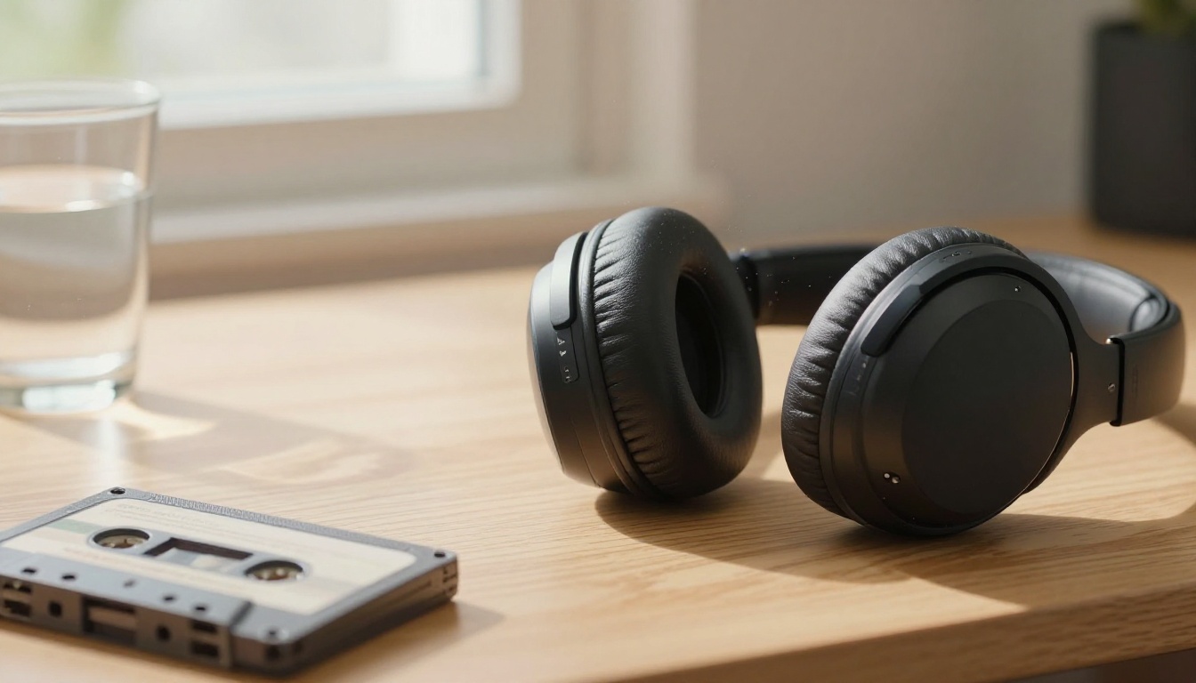 Headphones on oak desk with cassette tape and warm afternoon light