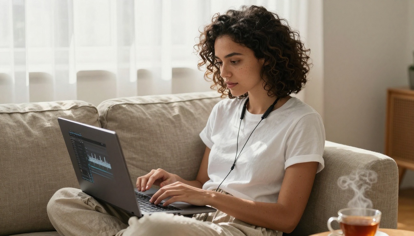 Young woman using laptop with audio waveform interface on sofa