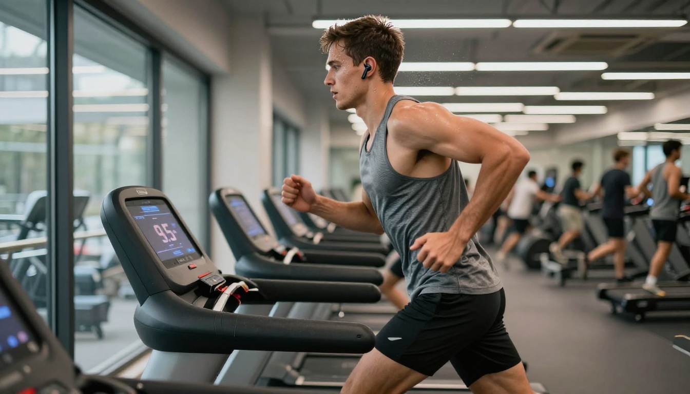Runner on treadmill in full sprint, wireless earbuds in, motion blur on legs