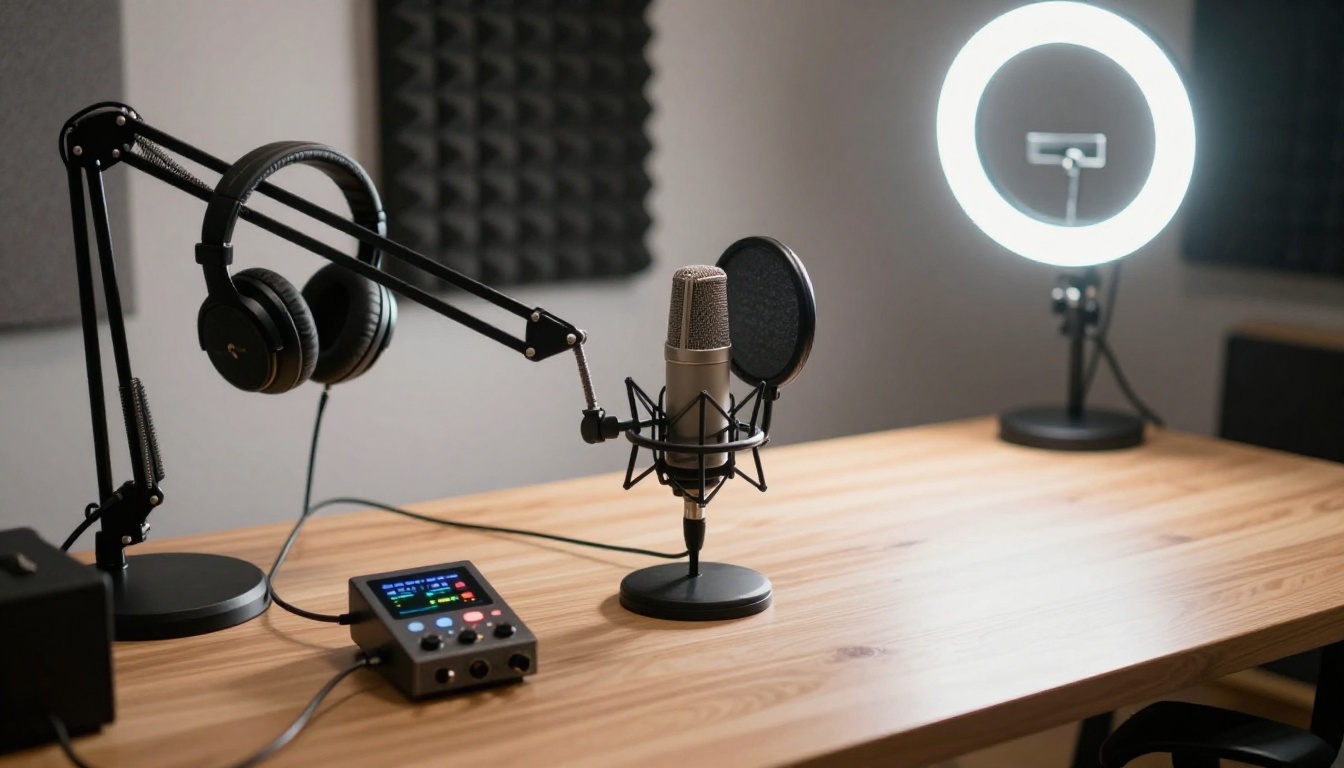 Professional podcast microphone setup with audio interface and monitor headphones