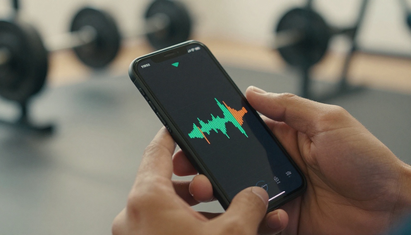 Close-up of hands holding smartphone with audio waveform interface, gym background bokeh