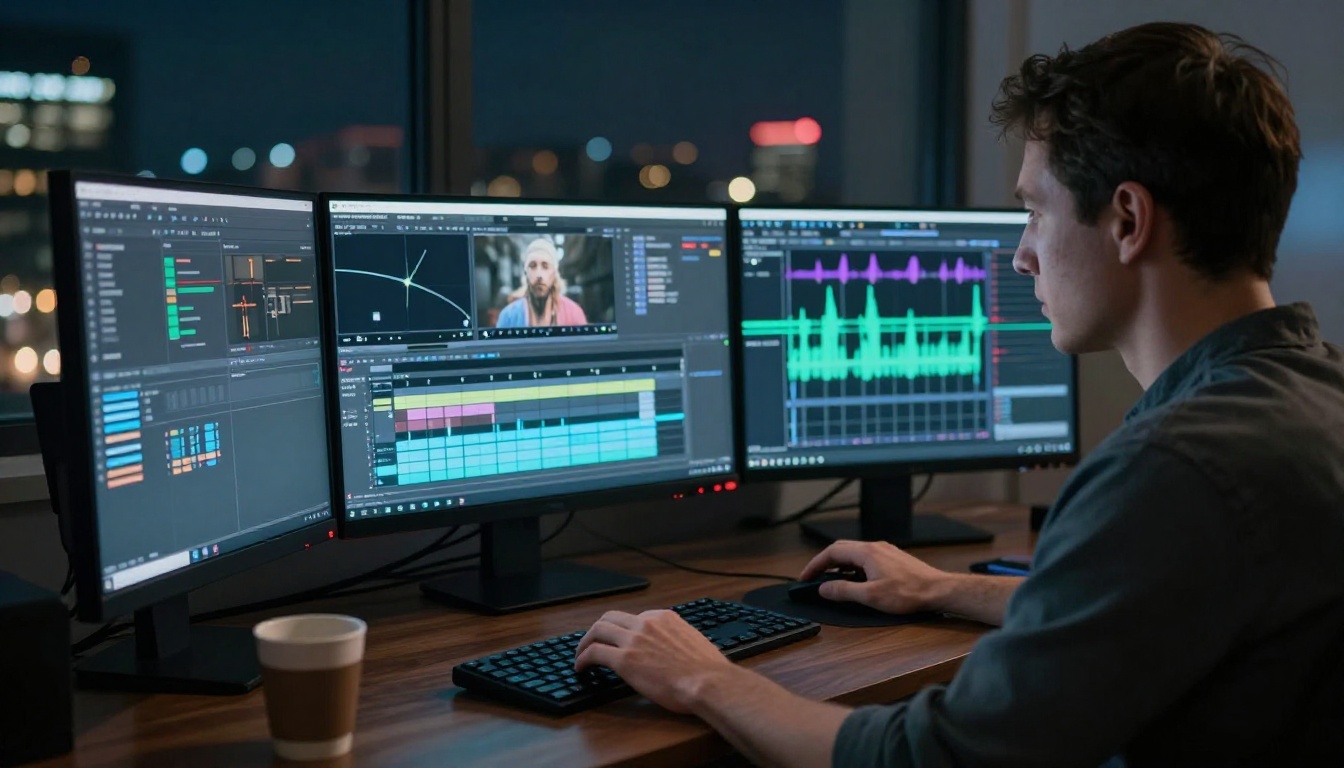 Man editing video on ultrawide monitor with audio spectrum late at night