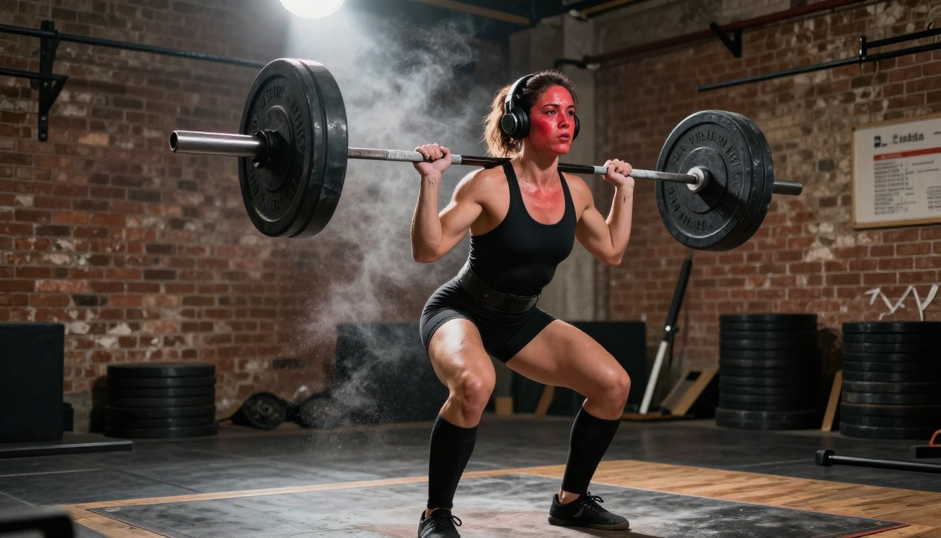 Deadlifting woman in chalk-dusted powerlifting gym, over-ear headphones, dramatic overhead lighting