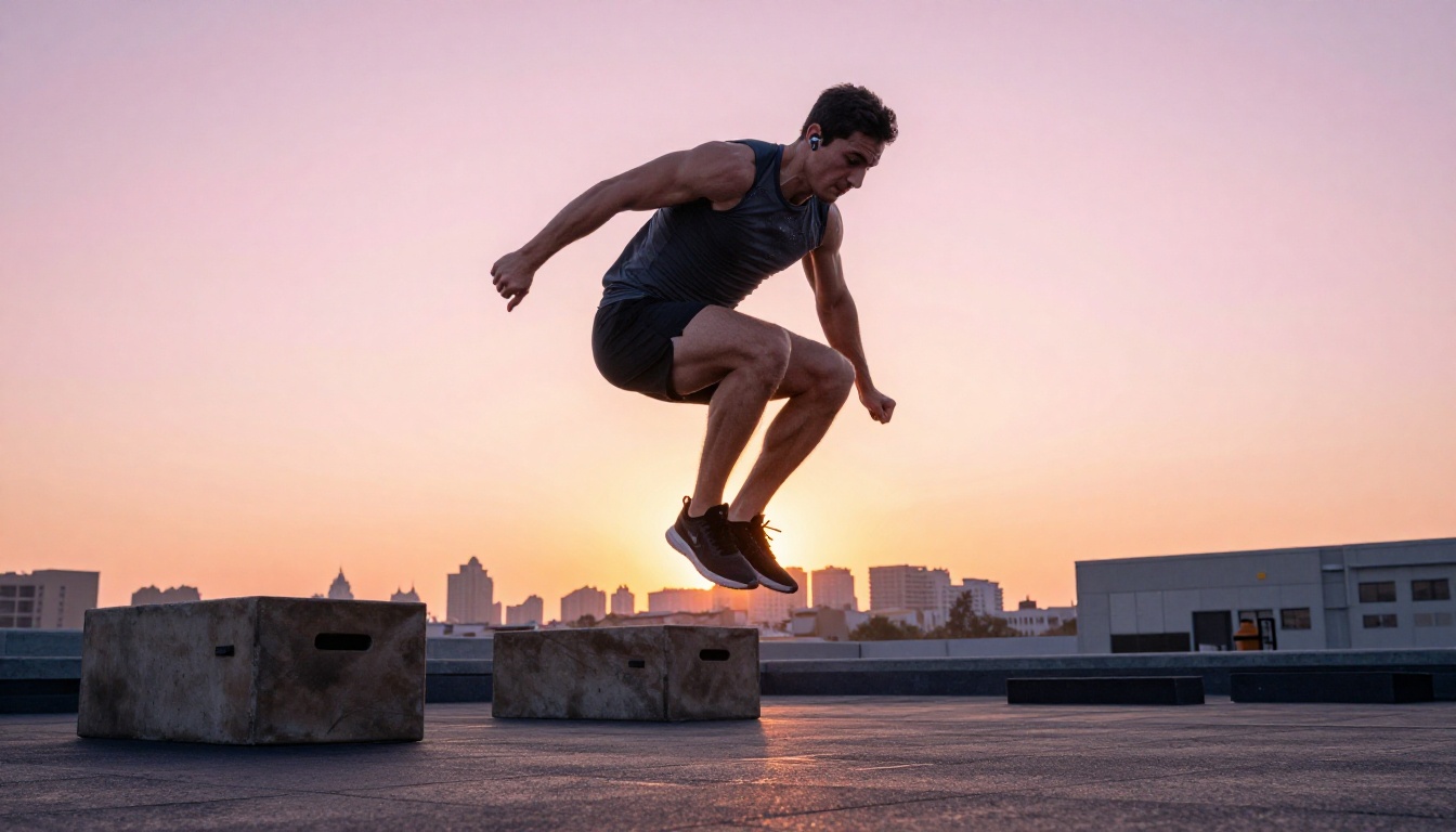 Man doing explosive box jump mid-air at sunrise, wireless earbuds, urban gym background