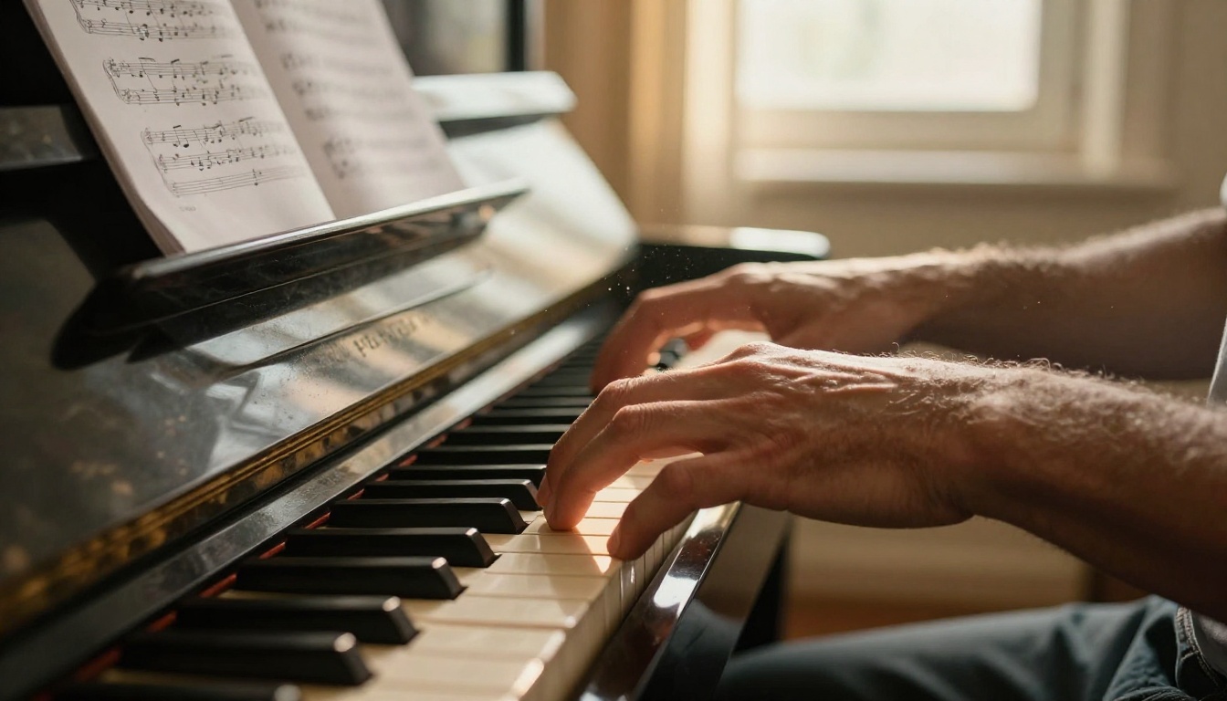 Musician's hands pressing piano keys in golden afternoon sunlight