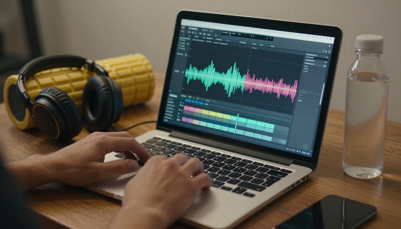 Laptop with audio waveform interface on gym floor, headphones beside it, soft ambient light