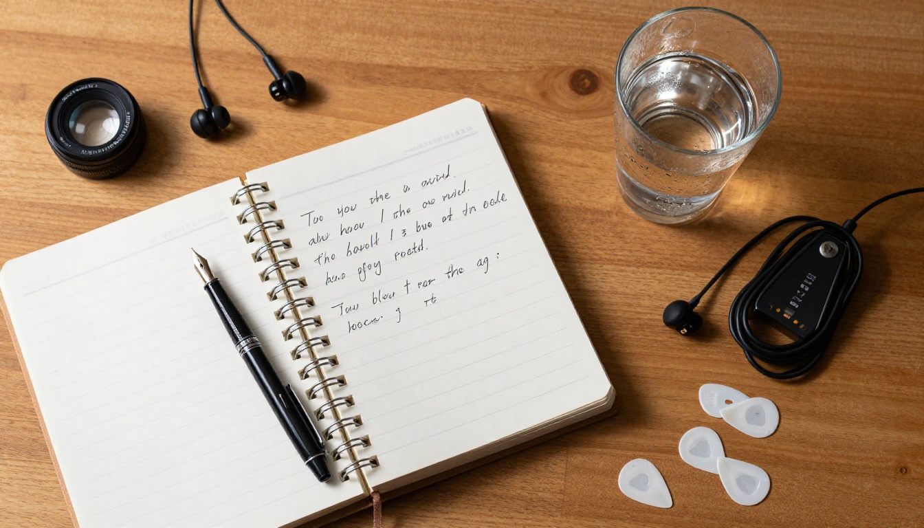 Songwriter's desk flat-lay with open notebook, fountain pen, and guitar picks