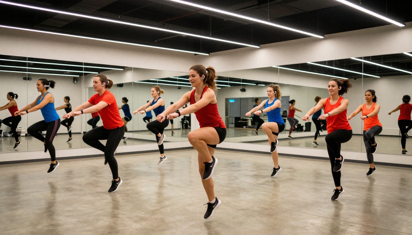 Group fitness HIIT class mid-jump, colorful activewear, mirrored studio, everyone wearing earbuds