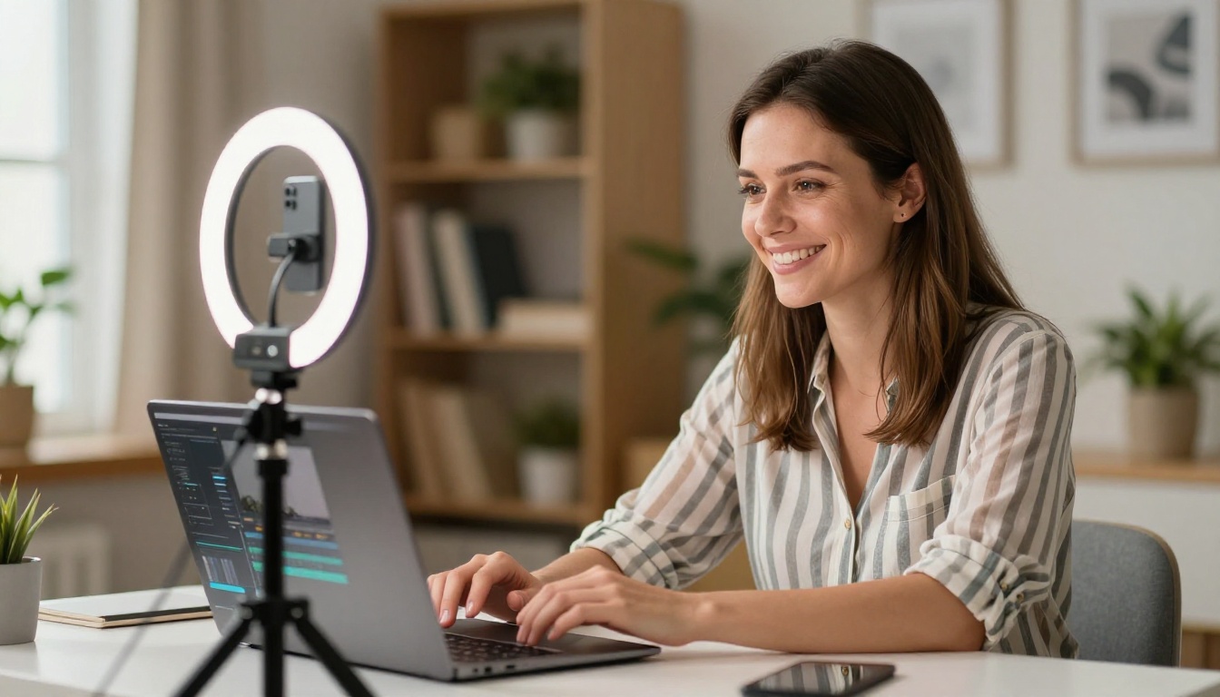 Content creator woman at bright white desk with microphone and laptop