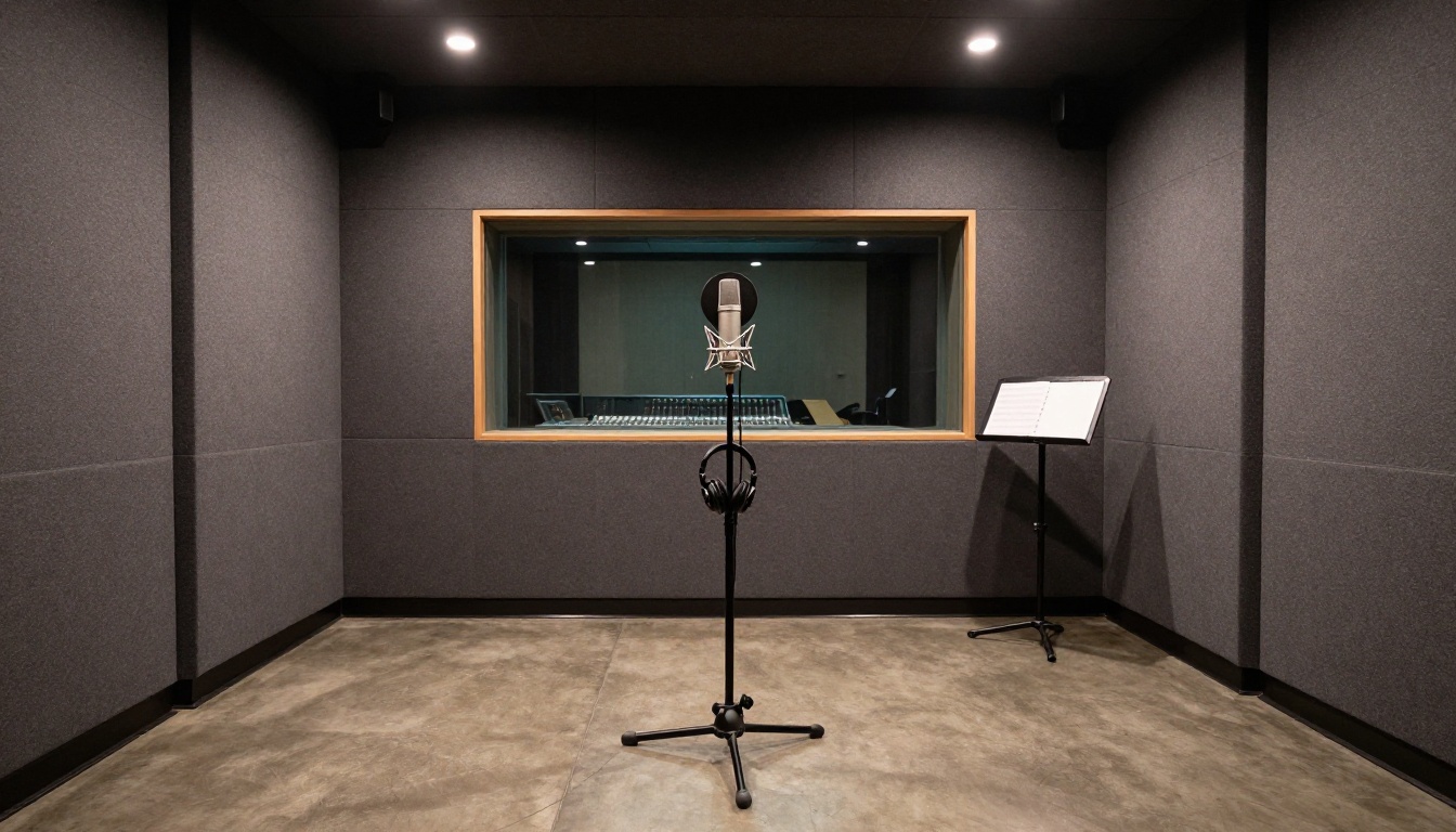Professional recording booth interior with Neumann microphone and acoustic foam panels