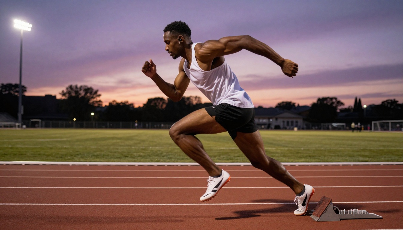 Male sprinter bursting off blocks at dusk, stadium lights, wireless earbuds, low angle dramatic shot