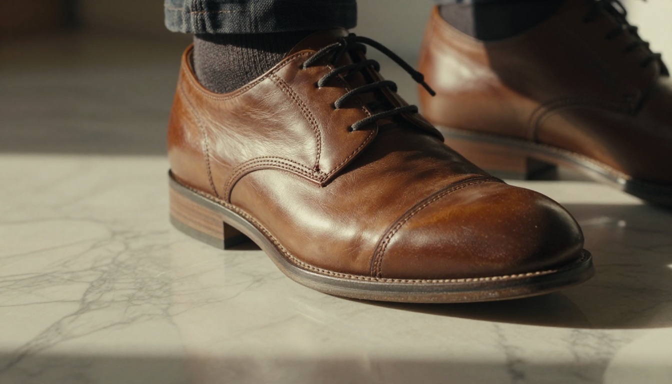 Close-up of leather oxford shoes mid-stride on marble flooring, motion blur on heel strike, individual leather grain sharp in focus