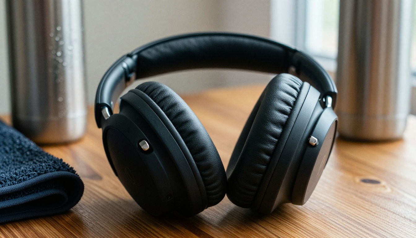 Close-up of wireless headphones on gym towel beside water bottle, leather ear cushions in sharp focus, window light