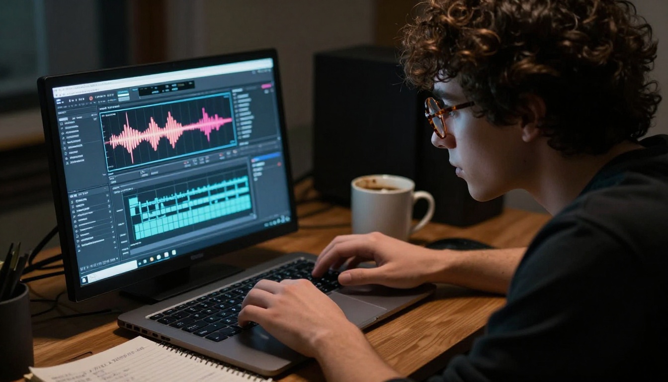 A filmmaker reviews audio waveforms in a dim editing suite, monitor glow illuminating their focused expression