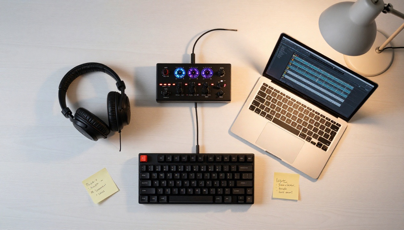 Aerial top-down view of a professional audio workstation with headphones, audio interface, and waveform editor