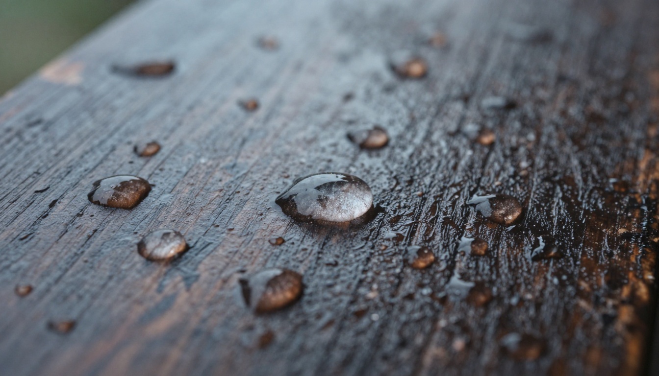 Rain droplets striking weathered dark wood, individual splash crowns frozen mid-air, soft overcast light revealing wood grain texture