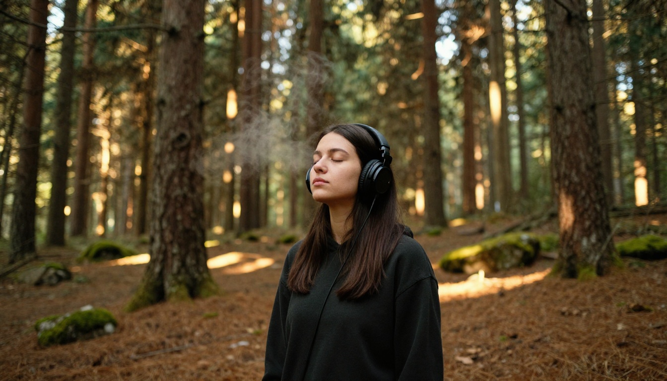 A woman with studio headphones standing in a pine forest, eyes closed, dappled sunlight filtering through the canopy