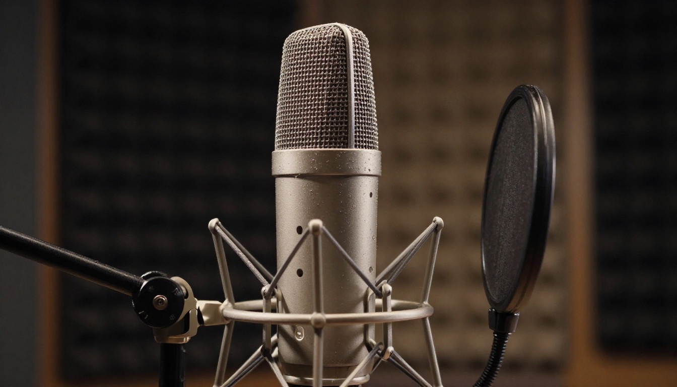 A large-diaphragm condenser microphone on a boom arm in a recording studio, dramatic sidelight revealing every machined detail