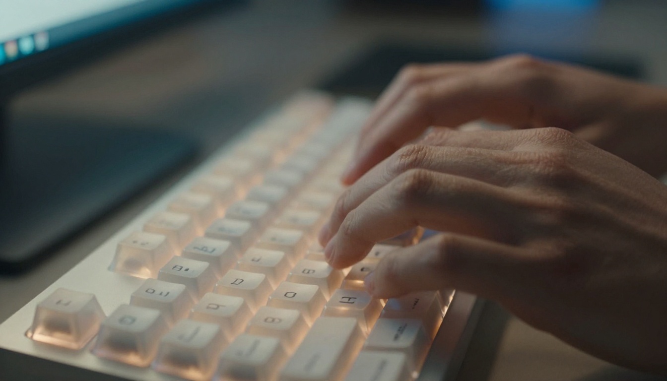 Hands typing on a mechanical keyboard with translucent keycaps, motion blur on fingers mid-keystroke, soft monitor glow in background