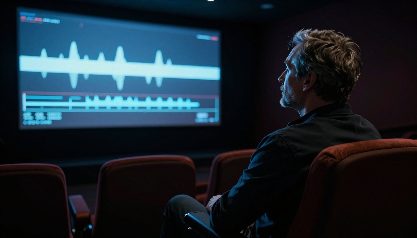 A film director alone in a dark screening room, face lit by the blue-white glow of a reference monitor showing a paused film frame