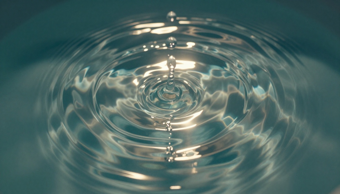 Macro close-up of sound waves rippling through still water, concentric circles frozen mid-motion, volumetric light from above