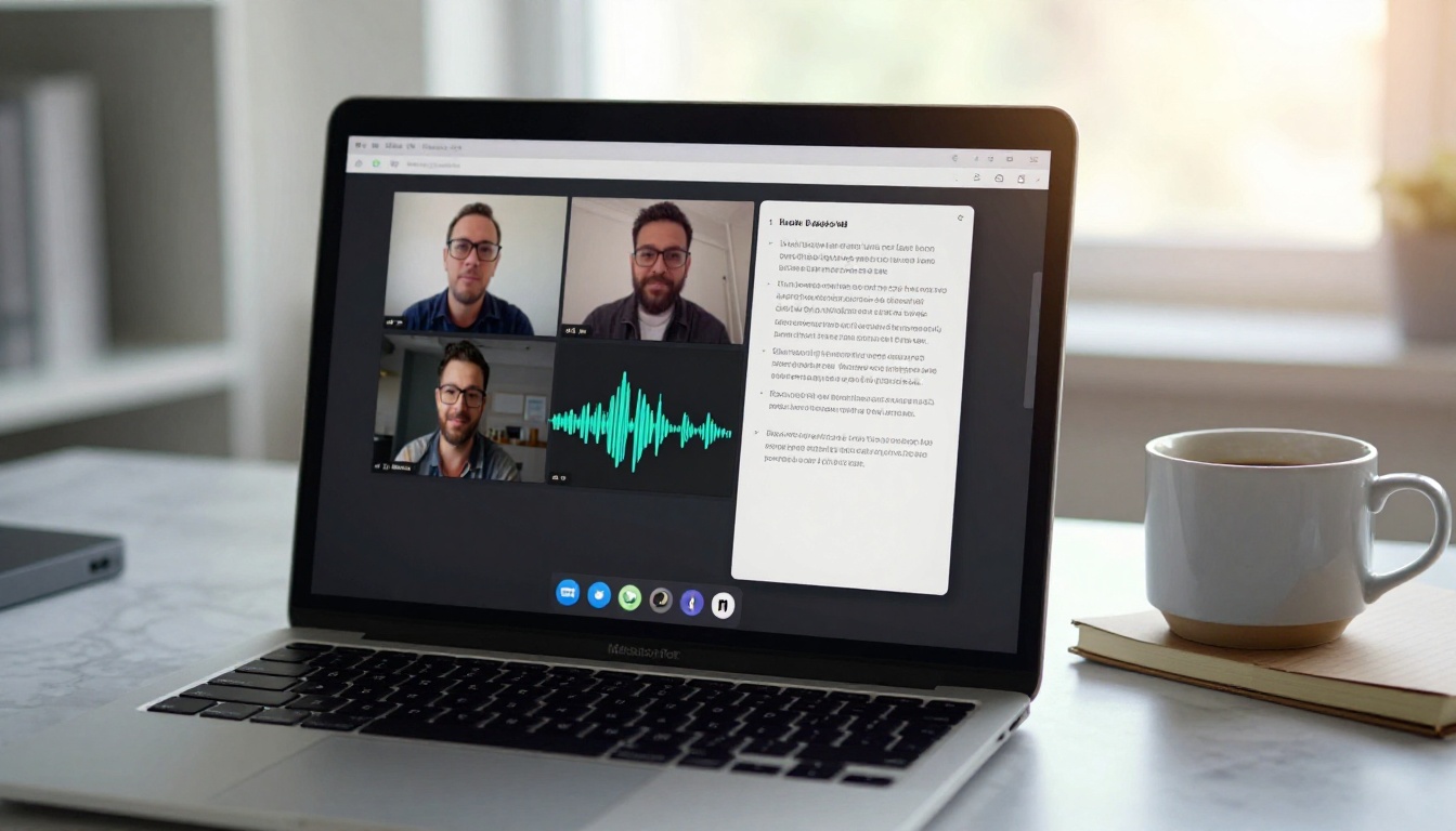 Zoom call interface visible on a laptop screen sitting on a marble desk beside a notebook and coffee cup Zoom call interface visible on a laptop screen sitting on a marble desk beside a notebook and coffee cup