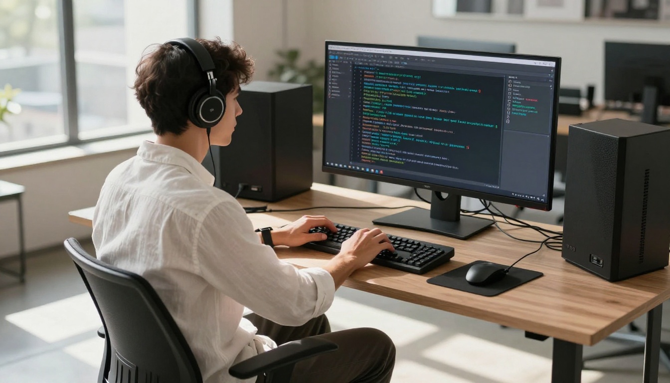 Man in white linen shirt typing at a standing desk with AI transcription text scrolling on a large monitor behind him Man in white linen shirt typing at a standing desk with AI transcription text scrolling on a large monitor behind him