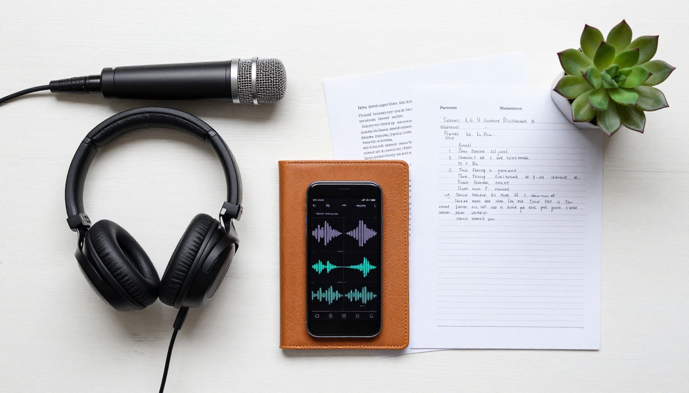 Top-down flat lay of USB microphone, over-ear headphones, smartphone with waveform, and printed transcript annotations on a white desk Top-down flat lay of USB microphone, over-ear headphones, smartphone with waveform, and printed transcript annotations on a white desk