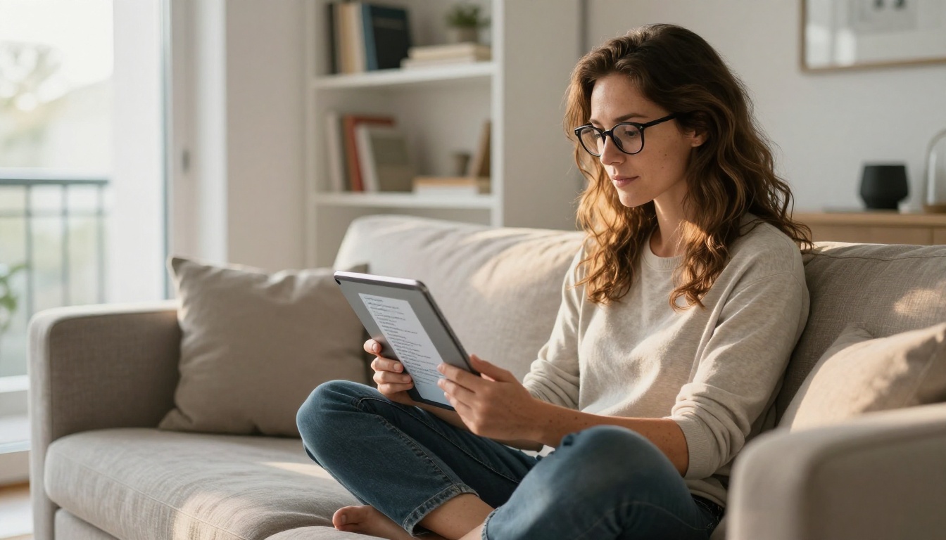 Woman with reading glasses sitting cross-legged on a Scandinavian sofa reviewing a long AI transcript on a tablet Woman with reading glasses sitting cross-legged on a Scandinavian sofa reviewing a long AI transcript on a tablet