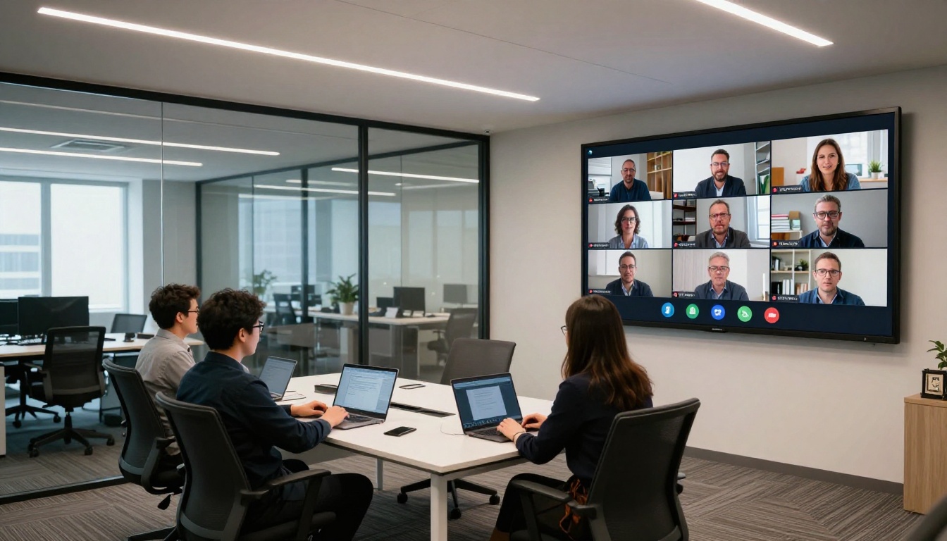 Wide shot of a modern office meeting room with Zoom video grid on a large wall screen and three people at a conference table with laptops Wide shot of a modern office meeting room with Zoom video grid on a large wall screen and three people at a conference table with laptops