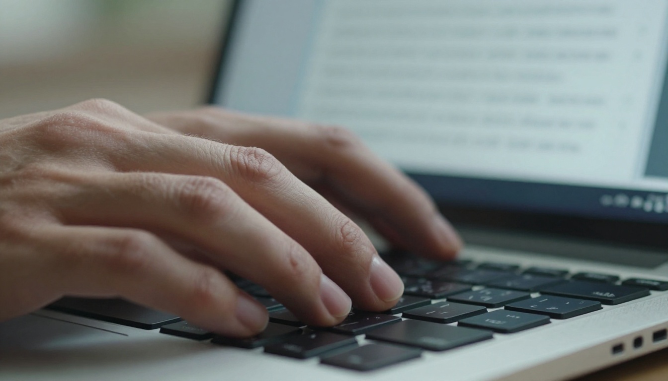 Close-up macro shot of fingers mid-keystroke on a laptop keyboard with a document editor blurred in the background
