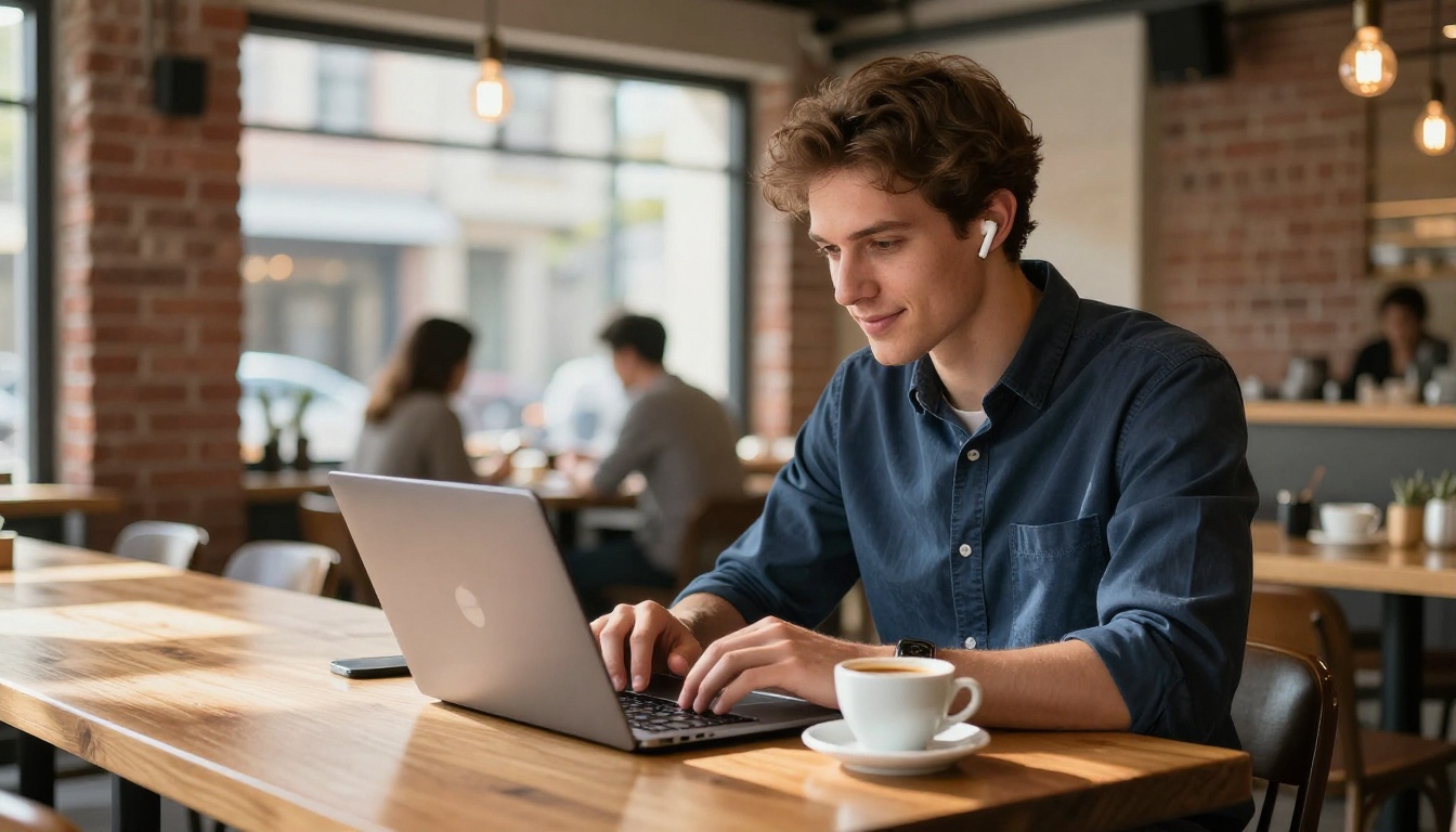 Young professional man with AirPods working at a bright cafe with exposed brick walls, Zoom call on laptop screen, espresso cup beside keyboard