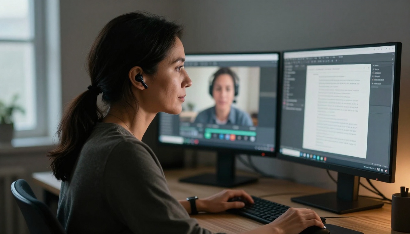 Woman in profile at a dual-monitor desk, wireless earbuds in, one screen showing a video call and the other showing a transcript document