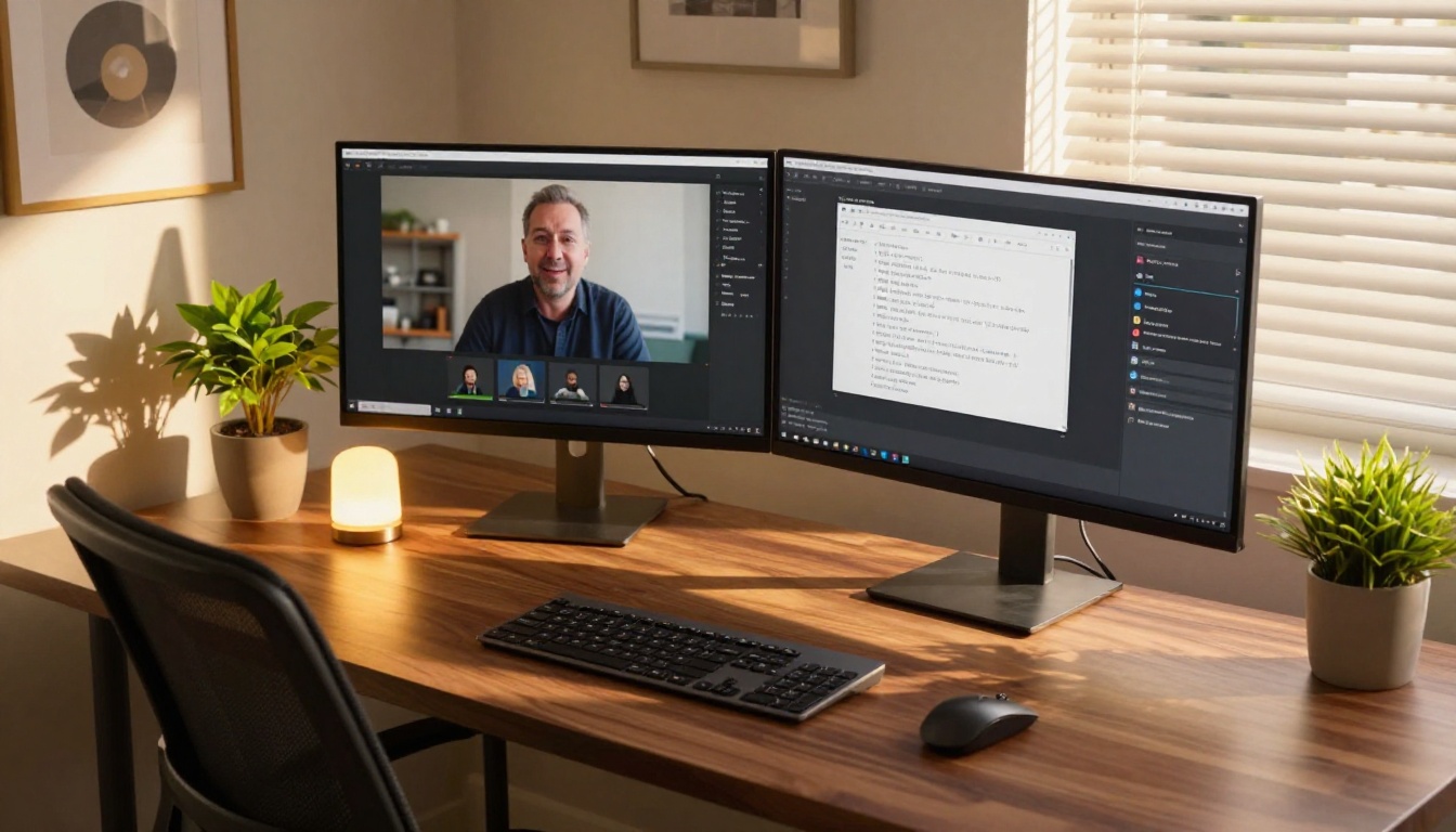 Wide-angle home office at golden hour with dual monitors showing Zoom recording playback and AI transcript export on a walnut desk