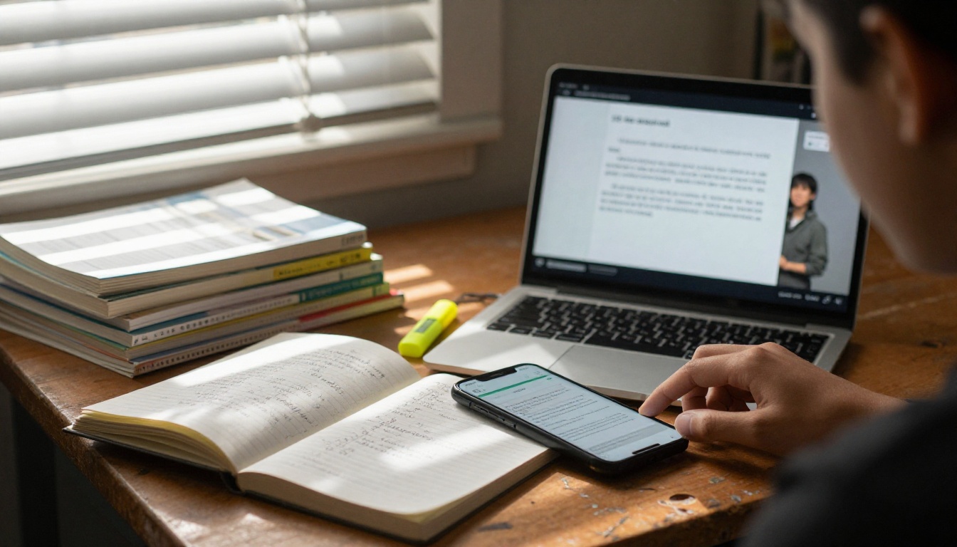 Student desk with recorded lecture playing on phone