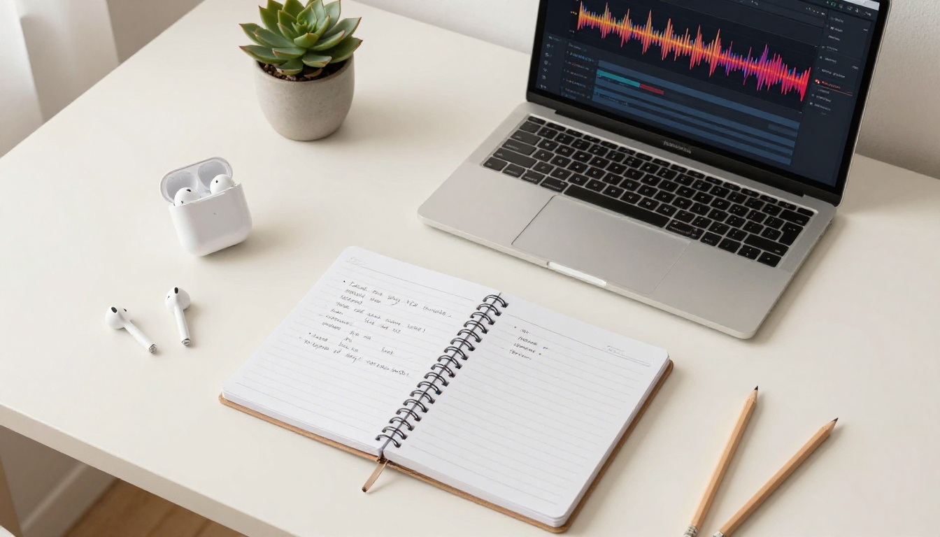Aerial flat-lay of desk with transcription interface