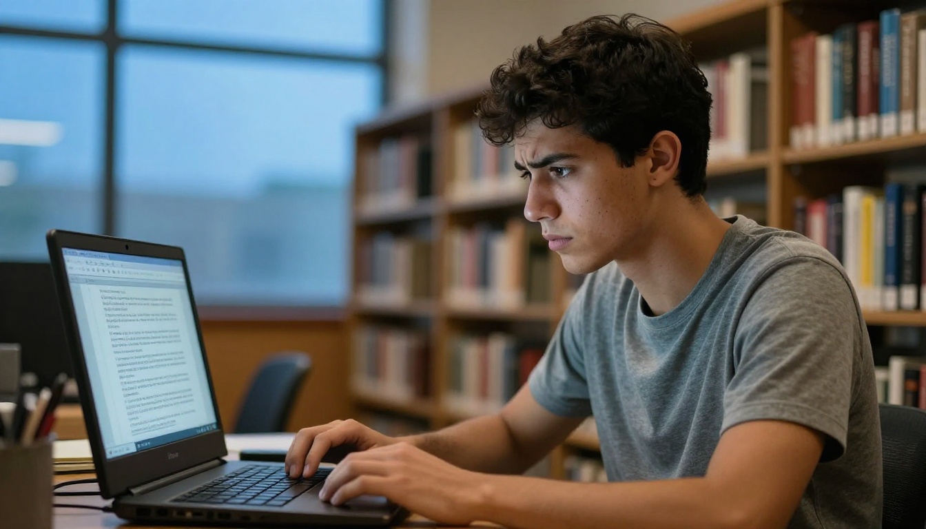 Student running transcription at university library desk
