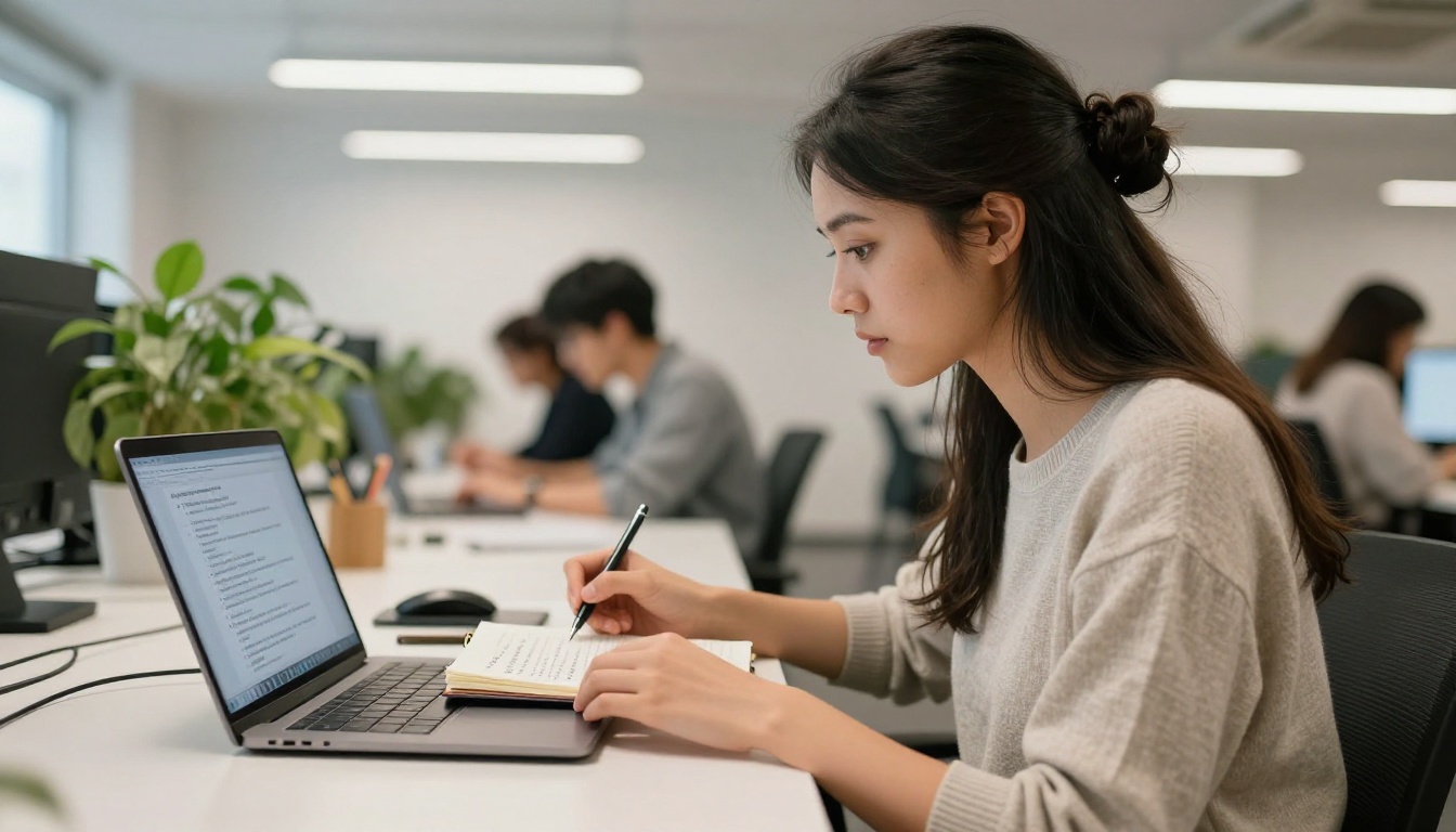 Student reading AI-structured notes at coworking space