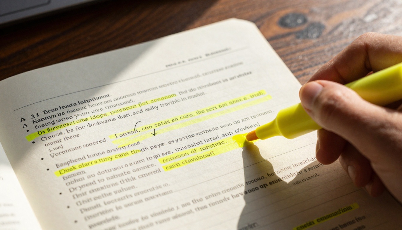 Hand highlighting printed AI-generated study notes