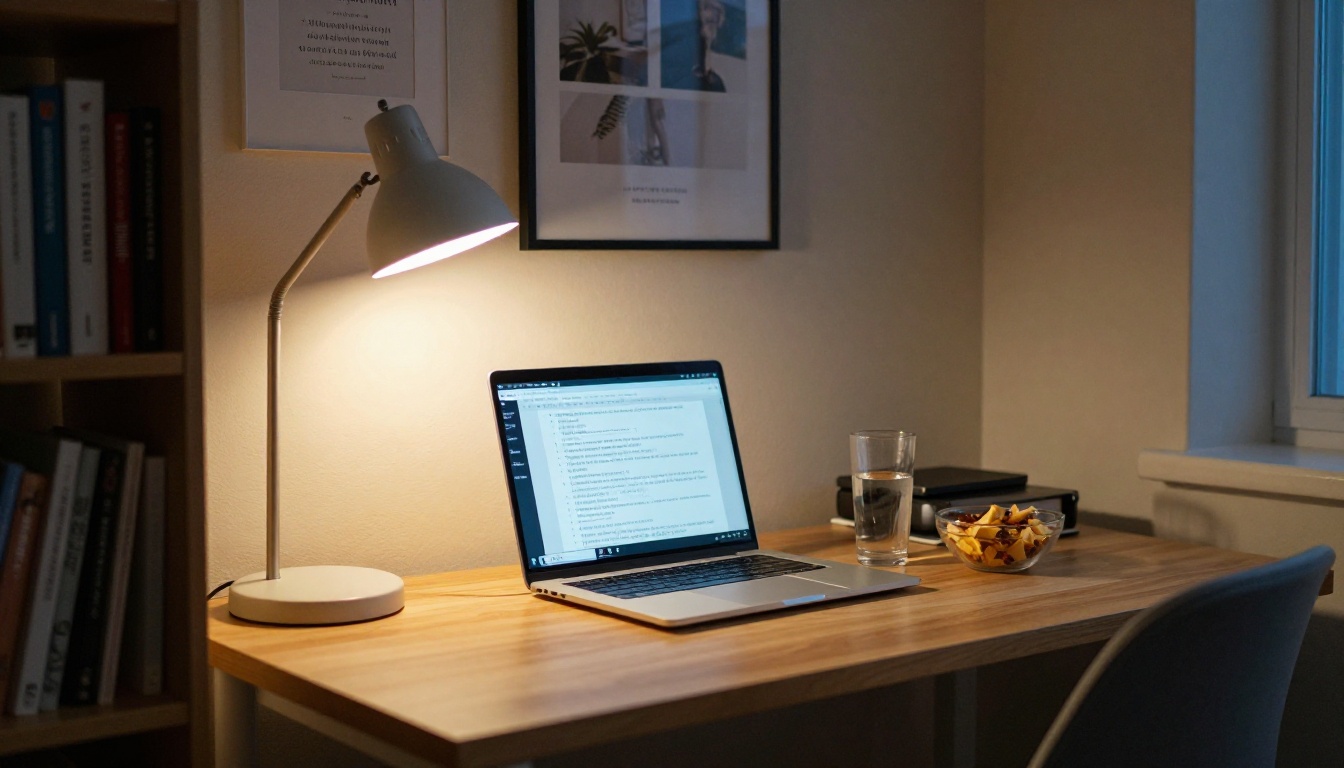 Student study corner with warm desk lamp in the evening
