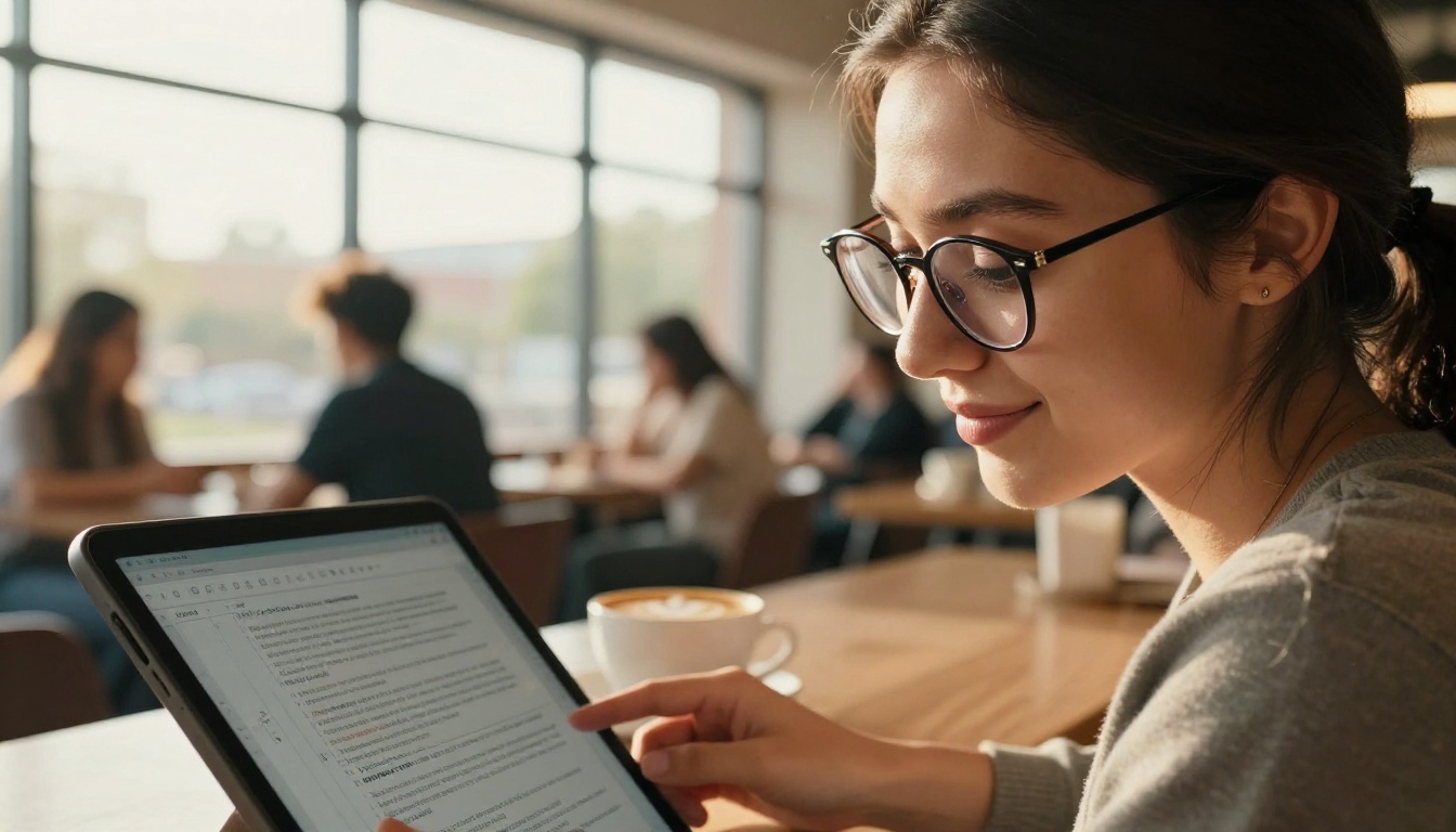 Female student reading notes on tablet in sunlit university cafe