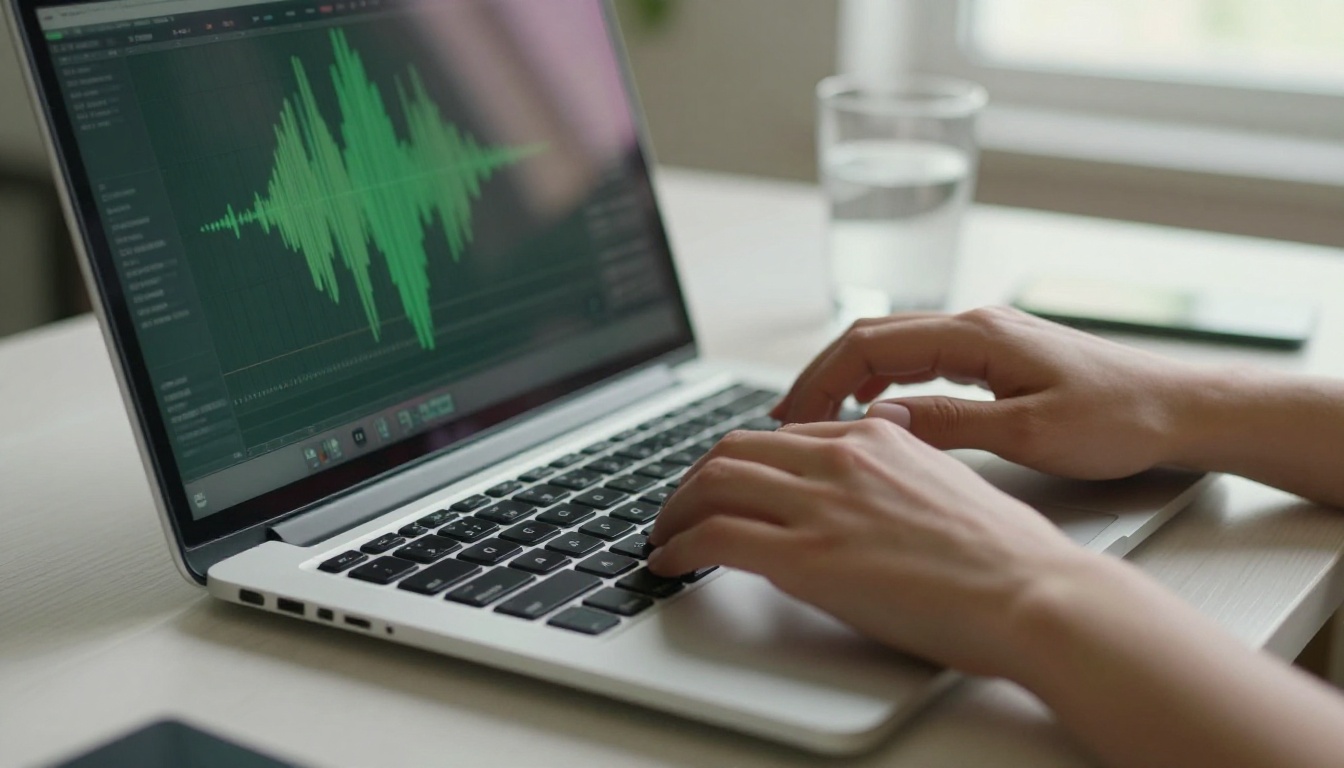 Close-up of hands typing on a laptop keyboard with audio waveform on screen