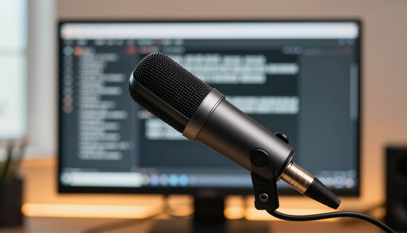 Microphone in studio with live captions on monitor behind