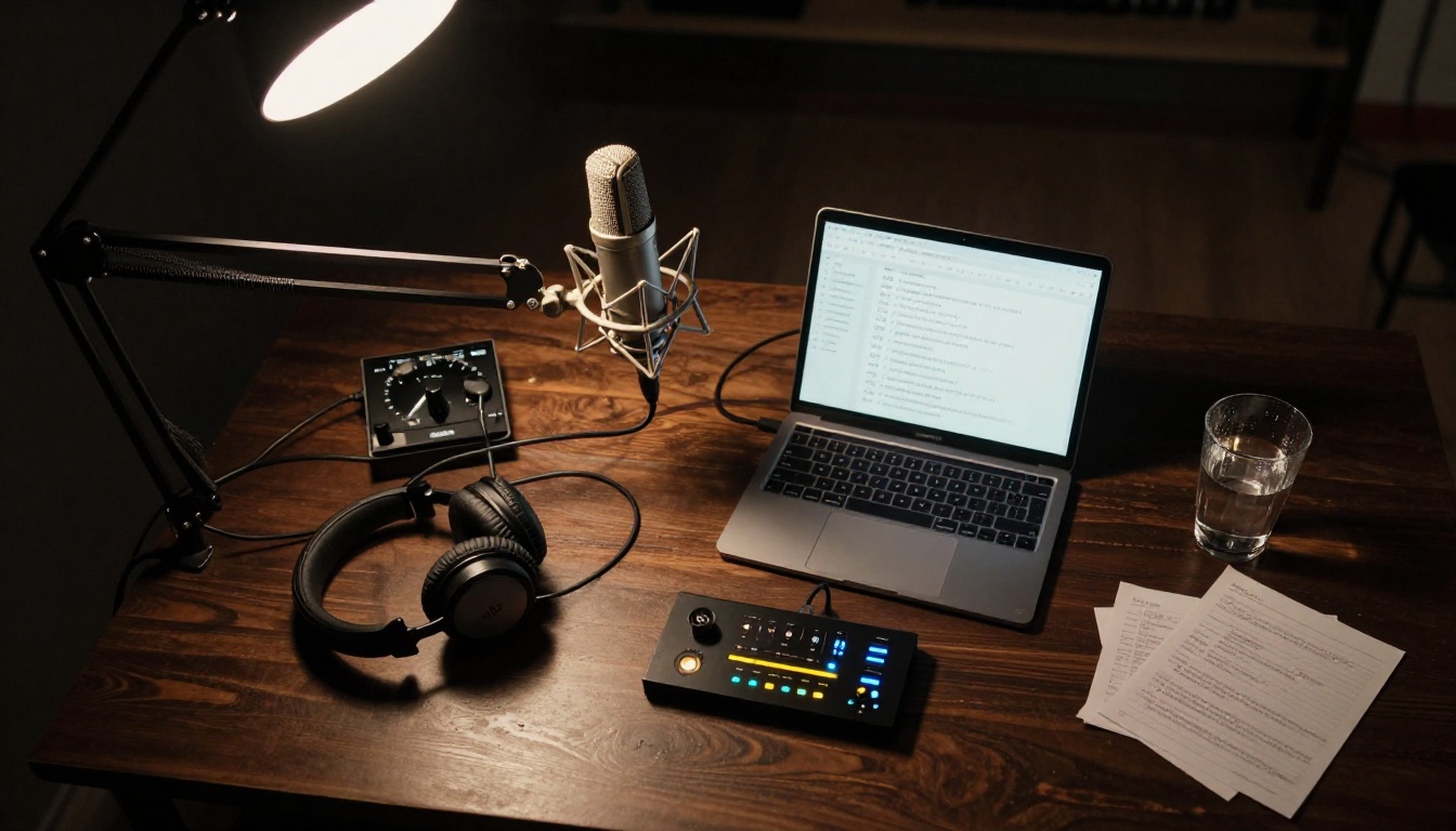 Aerial view of a podcast recording desk with microphone, headphones, and transcription tablet