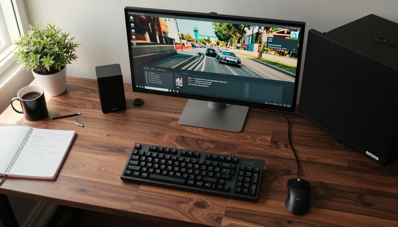 Aerial view of streaming workstation with dual monitors