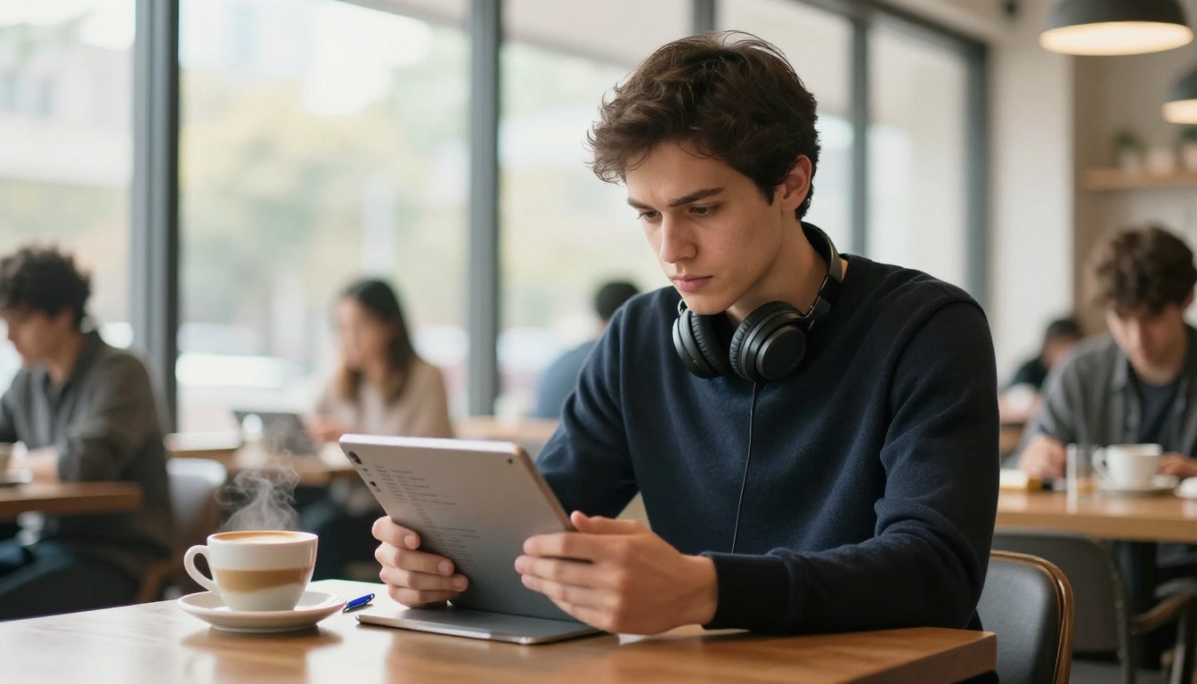 Young man reviewing AI transcript on tablet in a coffee shop