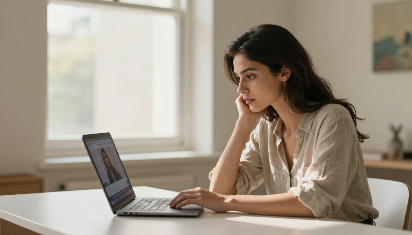 Woman watching live stream with captions on laptop