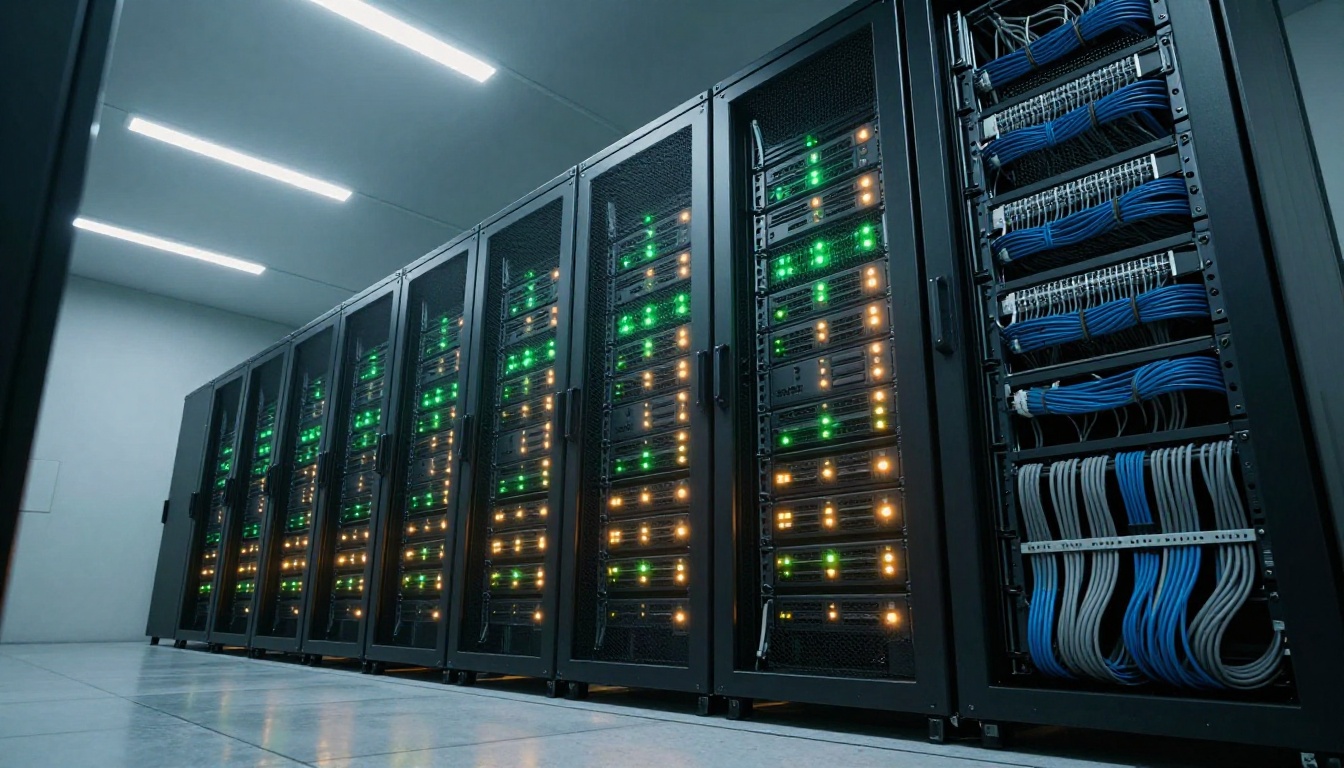 Clean data center server rack with organized cable management and status lights